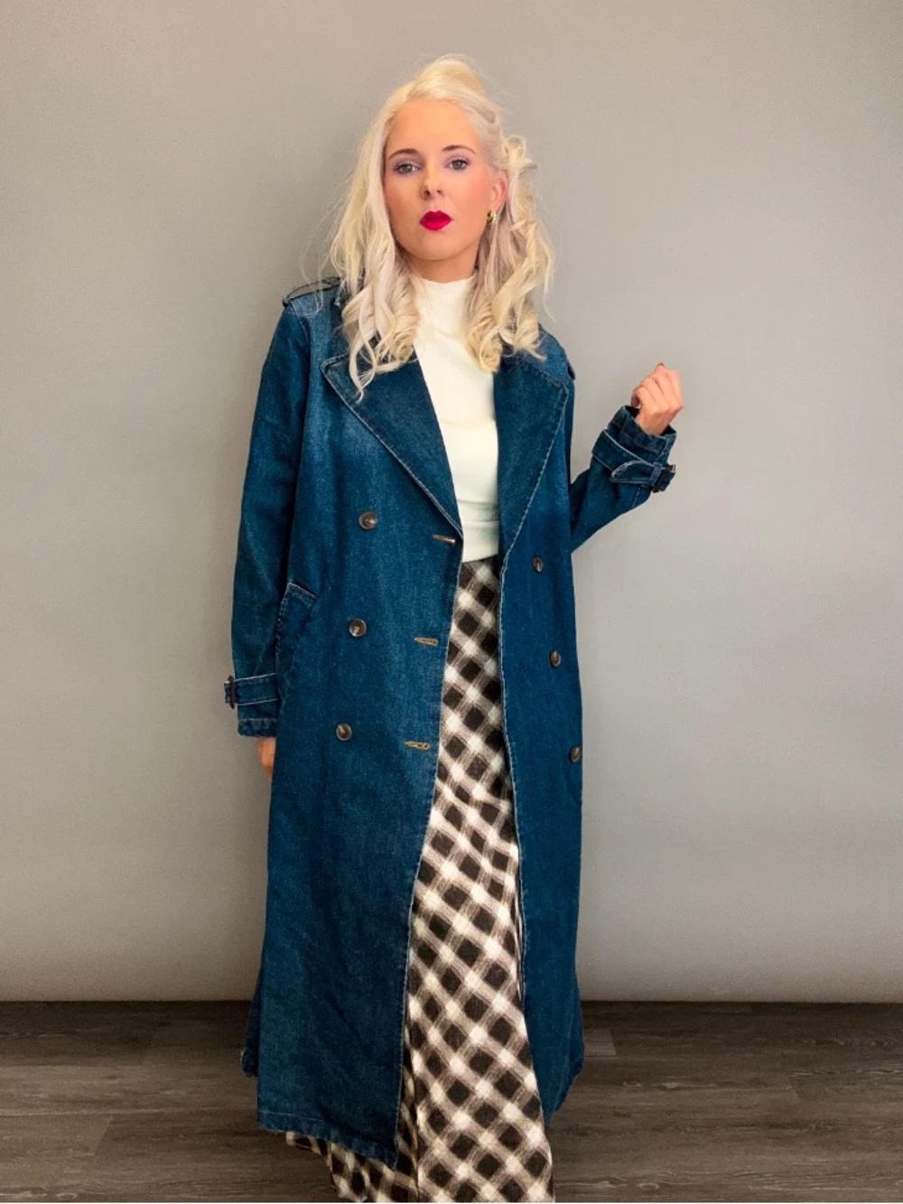 100% cotton Denim Trench Coat - Long Double-Breasted Blue Women's Coat